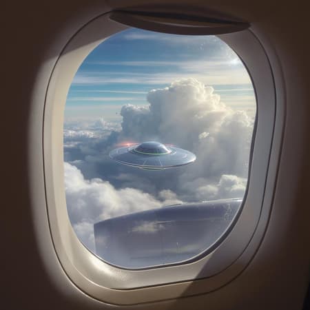 A breathtaking view from inside a passenger plane reveals fluffy white clouds floating lazily by as sunlight dances on their surfaces, while an unexpected sight catches the eye through the oval window—a mysterious UFO glides silently across the sky, its sleek metallic surface glinting, adding an element of wonder and curiosity to the tranquil aerial scenery.