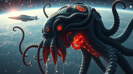 A breathtaking, ultra-HD 8K image captures a hyperrealistic space explorer adorned with a complex network of tentacles intertwined with visible, vibrant internal organs. The scene is set against a mesmerizing alien sky, with a majestic spaceship hovering in the background. The intricate details of the explorer's form are highlighted by glistening drool trailing from its mouth, and every superfine detail is meticulously rendered, creating a striking contrast against the cosmic expanse.
