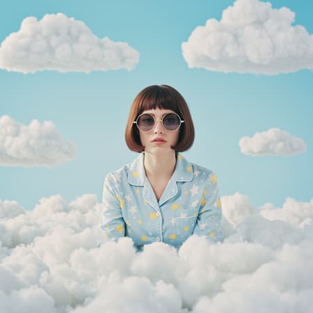 A whimsical woman lounging atop a bed of fluffy white clouds, styled with oversized round sunglasses and light blue pajamas adorned with cheerful yellow stars, her hair a sleek, short bob in a rich chestnut brown. The backdrop is a serene, pastel sky painted in shades of baby blue, dotted with playful cloud formations, captured by the imaginative lens of Jimmy Marble. The scene is infused with a soothing palette of muted pastel hues and soft, dreamy tones.