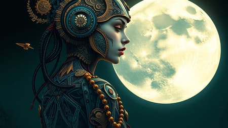 A side profile of a cyberpunk figure with an enormous moon looming in the background, styled in intricate Art Nouveau. The piece is insanely detailed, filled with ornate embellishments, and rendered in high definition as vibrant concept art. The digital artwork presents a low-resolution effect with intentional visual glitches, like text errors and missing elements. The anatomy is purposefully distorted, featuring too many or too few digits and limbs, and cropped sections. The image displays intentional imperfections such as JPEG artifacts, blurred textures, and errant signatures. The composition is out of frame, with elements overlapping or misaligned, resulting in a mutated and unique artistry that's deliberately unsettling and bizarrely beautiful.