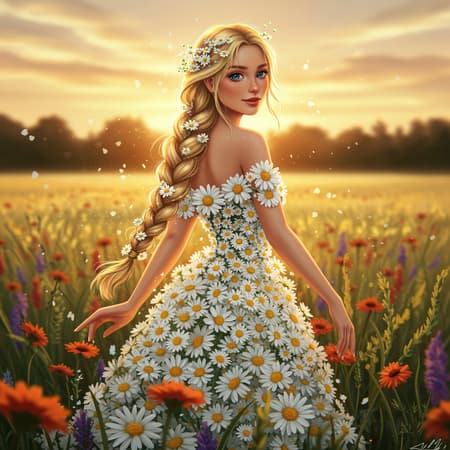 A mesmerizing digital painting captures a beautiful blonde woman with a long, flowing braid adorned with tiny wildflowers. She wears an enchanting dress crafted entirely from daisies, each petal detailed to perfection and sparkling softly in the sunlight. The dress embraces her slender waist and features a graceful off-the-shoulder neckline. She stands amidst a stunning meadow, surrounded by vibrant wildflowers swaying gently in the breeze. The warm golden light of the setting sun bathes her and the landscape, casting a magical glow. Her captivating smile, paired with her bohemian-inspired attire, evokes an elegant and mystical image that sparks the viewer's imagination.