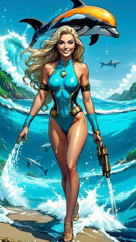 Super-hero, fantasy. Once, she was a dolphin in the ocean that magically became a beautiful woman, then a super-hero! She can pull water vapor from the air to create water streams she can blast her enemies with. She can also use sonar to send out signals and increase her vision underwater. She also has a high pitched squeak that can do sonic damage and mind damage to her targets. She also has an aura of bubbles-- invisible on land, but very visible beneath the waves! She can also swim at very high speeds. 

Tall, caucasian female with aqua colored eyes and long pale blonde hair, all one length and combed back. Pretty face, usually smiling. She wears a one-piece aqua-blue swimsuit that goes up to the neck and clasp in the back. There is a waves graphic printed on the front of the swimsuit. She wears short gold gauntlets on her arms, and a metallic gold  belt around her waist; it contains tiny tools that she can use on her adventures. She wears a pair of aqua-blue slide on shoes-- they have no heels and only come up to her ankles, allowing her freedom of movement. She is a happy and adventurous person, so she's always smiling. Full body pose, probably on the beach or swimming. There are always dolphins nearby. 