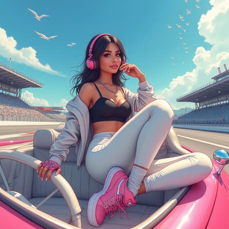 A full body photo of a stunning woman, embodying the essence of a racing enthusiast, confidently driving a sleek convertible. She sits on white leather seats, her tanned skin glowing with health. Her striking cheekbones and open-mouth smile exude charisma, while her reflective eyes, dark eyebrows, and expertly applied mascara highlight her features. She wears racing gloves adorned with dust particles, creating a dynamic scene. The lighting is dramatic with a mix of detailed and rim lighting, enhancing the chiaroscuro effect. She sports a black crop top beneath an open jacket, paired with white yoga pants and large pink sneakers, showcasing her style. The setting is a vibrant racetrack, with roads and bleachers under a blue sky dotted with white clouds and flying birds. Artistic influences by John Constable, Ed Blinkey, Atey Ghailan, and Studio Ghibli can be seen, with touches from artists like Jeremy Mann, Greg Manchess, and Antonio Moro, making it trending on ArtStation and CGSociety. The artwork is intricate and highly detailed, reminiscent of a Makoto Shinkai Kyoto scene, enhanced with blue-hued iron mouse hair and headphones, complemented by a vibrant pink car. The aesthetic blends elements of canvas frame art, 3D, and cartoon styles, creating an imaginative and visually captivating piece.