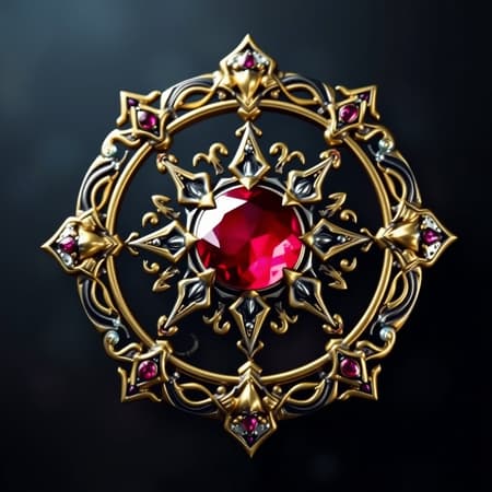 Enchanted Ruby Brooch, a legendary game artifact, featuring an ornate circle design with a brilliant ruby centerpiece. Its gold embellishments are intricately crafted in an art deco style, interwoven with shimmering silver filigree. This mystical accessory is steeped in dark fantasy allure, radiating an aura of magical power.