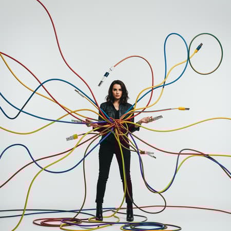 A striking editorial photograph featuring a confident woman standing against a clean white background, surrounded by a playful burst of colorful cables arranged artistically around her. The scene captures a cinematic feel with an emphasis on vibrant tones and dynamic composition, focusing on the interplay between the vivid cables and the woman's poised expression. The overall mood is raw yet polished, with an air of modern aesthetic appeal.