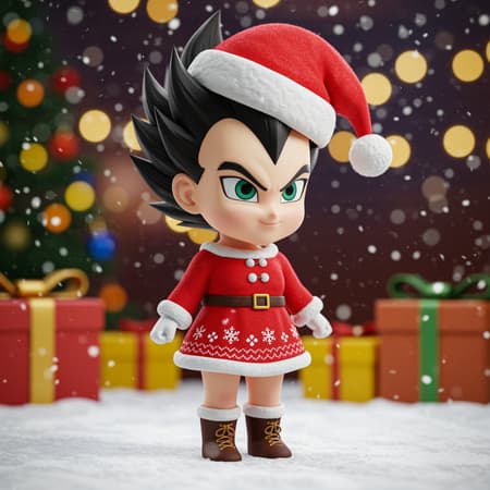 A chibi-style 3D Vegeta wearing a festive Christmas outfit with a Santa hat, snowflake patterns on the dress, and tiny boots, set against a cheerful holiday background with twinkling fairy lights and snow gently falling.