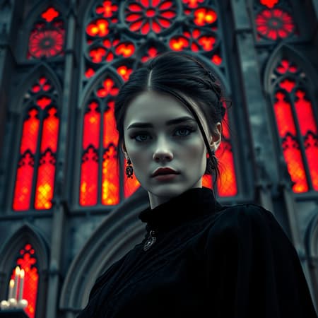Gothic girl dressed in black with an enigmatic allure, perfect face captured in a stunning macro headshot, standing before an imposing gothic cathedral. The cathedral's windows glow with the reflection of intense red flames, casting a vivid atmosphere. Her surroundings are adorned with delicate, intricate mandala-like ornaments, offering an air of mysticism. Photographed in 8k UHD HDR, the scene boasts clarity and richness. The model, characterized by a mysterious aura reminiscent of Dark Sushi 2.5D, is styled with creative precision. Her gaze holds a captivating intensity, contrasting with the ethereal ambiance. Her features are elegantly proportioned, set against the dramatic backdrop, free from imperfections or distortions, ensuring the portrayal is unblemished.