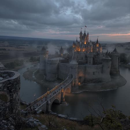 Generated Landscape, Medieval In the midst of a sprawling landscape, an imposing medieval castle stands, encircled by a glistening moat that reflects the twilight sky. A grand drawbridge is lowered, revealing a path into the fortress, where towering stone walls dominate the horizon. Armor-clad knights patrolling the battlements are ever vigilant, their polished steel catching the fading sun's rays. In the courtyard, archers practice their marksmanship, honing skills that will be essential in the looming conflict that darkens the distant hills. The air is thick with the palpable tension of war, as the castle's inhabitants prepare for the challenges that await beyond the horizon. Yet amidst this backdrop of impending battle, life persists within the castle's ancient stones, filled with the whispers of history and the echoes of medieval life.
