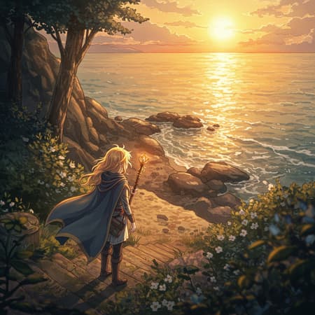 Watercolor illustration of a lone young sorceress seen from a distance and above, in an isometric perspective. The scene is ultra-detailed, showcasing intricate elements with dynamic lighting during the golden hour by the ocean. The artwork is rendered in cinematic quality, reminiscent of UHD HDR 8K visuals. The sorceress is portrayed authentically, maintaining harmony in features with natural eyes and a graceful pose. The setting captures an exquisite merging of light and shadow, emphasizing the serene beauty of the oceanic backdrop. This breathtaking masterpiece seamlessly blends artistic precision with ethereal ambiance.