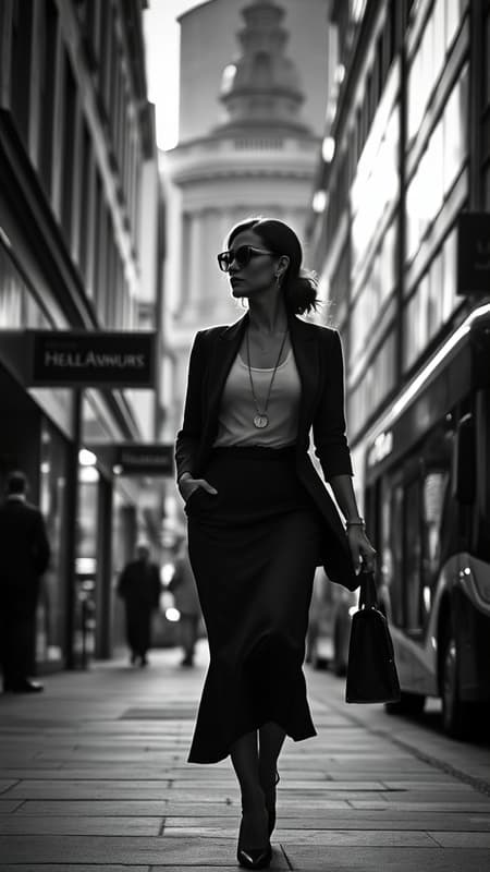 A striking black and white street photograph captures an elegant woman strolling through the bustling streets of London, her stylish silhouette framed by the distinctive architecture. Shot with an Arriflex 35 BL Camera and Canon K35 Prime Lenses, the image celebrates the dynamic interplay of light and shadow, highlighting the woman's confident presence amidst the urban backdrop. The atmosphere is infused with a sense of organized chaos, enhanced by a 1:2 aspect ratio, evoking the timeless allure of the city while emphasizing the personal connection and unique perspective of yruxpc2.