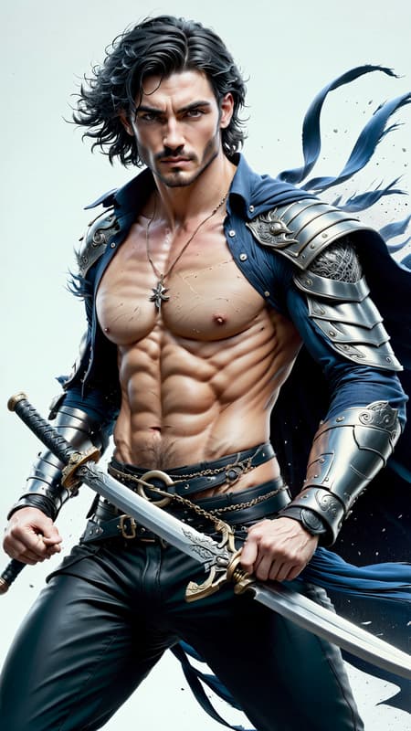 Swordsman, guardian, soldier of a good and righteous King. Hypermasculine male. Caucasian male, Russian origin. Tall, muscular, sinewy, strong, broad chested, wide shouldered, narrow waist. Extremely hairy, hirsute body {{{ thick coarse hair on chest ,abs, arms,legs}}} Pale grey eyes, handsome masculine model face, strong brow, chiseled chin with dimple, slight thin black mustache. Short black hair with silver streak up front, wavy fade hairstyle with curls pushed to one side {{{SHORT HAIR}}}. Silky translucent sheer white long sleeved collared shirt, unbuttoned to his navel to reveal his hairy chest. Long, loose sleeves above hairy wrists. Cross pendant with sapphire sliver chain around the neck. Long royal blue sash around the waist, flowing in the wind. Shiny formfit black tights/pants, legs powerful and muscular. Pants tucked into black leather pirate boots, boots adorned with silver metallic designs. Black belt strap across his chest, holding a sapphire jeweled bastard sword. Swordsman fighting stance, full body pose. {{{VERY HAIRY CHEST}}} Swordsman, guardian, soldier of a good and righteous King. Hypermasculine male. Caucasian male, Russian origin. Tall, muscular, sinewy, strong, broad chested, wide shouldered, narrow waist. Extremely hairy, hirsute body {{{ thick coarse hair on chest ,abs, arms,legs}}} Pale grey eyes, handsome masculine model face, strong brow, chiseled chin with dimple, slight thin black mustache. Short black hair with silver streak up front, wavy fade hairstyle with curls pushed to one side {{{SHORT HAIR}}}. Silky translucent sheer white long sleeved collared shirt, unbuttoned to his navel to reveal his hairy chest. Long, loose sleeves above hairy wrists. Cross pendant with sapphire sliver chain around the neck. Long royal blue sash around the waist, flowing in the wind. Shiny formfit black tights/pants, legs powerful and muscular. Pants tucked into black leather pirate boots, boots adorned with silver metallic designs. Black belt strap across his chest, holding a sapphire jeweled bastard sword. Swordsman fighting stance, full body pose. {{{VERY HAIRY CHEST}}}
