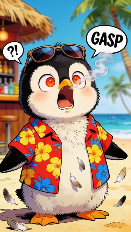 Shocked Penguin In Hawaiian Shirt On Beach Comic book style illustration of a fluffy baby penguin wearing sunglasses pushed up on its head and a red Hawaiian shirt with yellow and blue flowers. The penguin has wide, bloodshot eyes with smoke curling out of them, and its beak is open in a shocked gasp. Speech bubbles with "?!" and "GASP" are present. The background features a blurry beach bar with a thatched roof on the left, and a beach with palm trees and ocean on the right. Falling feathers near the penguin's body. Vibrant cartoon colors, strong outlines, and a humorous, surprised mood.