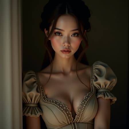 female in a Venetian-inspired outfit, stunningly beautiful, subtly flirtatious, engaging the viewer with her gaze, portrait-style, realistic photography with detailed skin texture, full-length frame shot, high detail in RAW color, emphasized with diffused soft lighting and a shallow depth of field, sharp focus, hyperrealistic, utilizing cinematic lighting techniques, Asian features, CGI elements blended seamlessly, creating a photorealistic effect while avoiding unrealistic attributes and technical flaws such as low resolution or digital artifacts, ensuring an authentic and polished result without distortions, anatomical inaccuracies, or undesired visual elements.