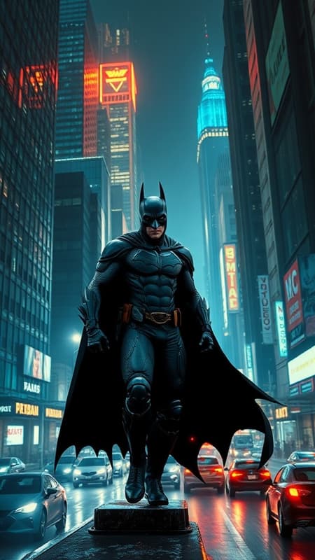 The Dark Knight prowls the neon-lit streets of Night City, a sprawling metropolis where towering skyscrapers scrape the sky, casting long shadows over gridlocked traffic and bustling sidewalks. Crime is woven into the very fabric of this cyberpunk world, with mega-corporations vying for control and every alleyway telling a tale of intrigue and danger. Equipped with advanced tech, Batman moves seamlessly between the glowing billboards and flickering holograms, hunting the criminals who seek to exploit the city's digital veins. His presence is a whispered legend among the downtrodden, a symbol of hope shrouded in mystery, as he battles not just the rogues and tech-enhanced villains of this high-tech dystopia, but also the very system that perpetuates the chaos. Amid the hum of electric cars and the ever-present buzz of drones, Batman's cape unfurls like an ink stain against the electric sky, a vigilant guardian in a city that never sleeps.