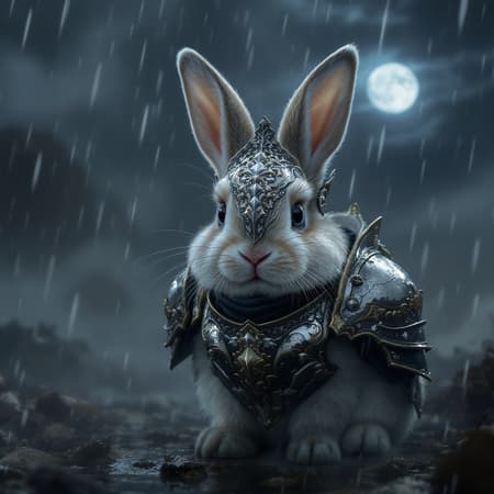 Intricate design, bunny adorned in high ornamented light armor, its fluffy fur contrasting against the foggy, wet, and stormy backdrop. Captured through a 70mm lens, the scene is cinematic and highly detailed, with subtle glow effects enhancing the atmospheric mood. Rendered in stunning 16k UHD, HDR10, the image boasts absurd resolution, revealing every ornate detail. The environment is immersive, with mist swirling around the subject. Small creative touches include the play of light reflecting off raindrops and the ethereal ambiance of a moonlit night, all while maintaining the mystical essence of the original scene.
