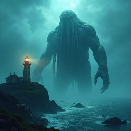 Cinematic 8k wallpaper featuring a colossal Cthulhu towering against a stormy sea backdrop, centered near an ancient lighthouse perched on a moss-covered rock, hyper-detailed 4k digital painting, light organic glow emanating from the creature, photorealistic and movie quality, capturing a dark, moody atmosphere, intricate lumen reflections, atmospheric lighting with subsurface scattering, exhibiting hyperrealism with sharp focus and megalophobia-inducing detail, akin to a highly realistic photo rendered in 64k UHD using a DSLR-like clarity, enhanced with Unreal Engine 5 and Octane Render for a stunning 8k visual experience.