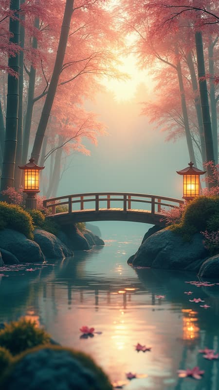 A serene Japanese garden at twilight, rendered in ethereal watercolor style with glowing paper lanterns casting warm ambient light. Delicate cherry blossoms float on still water, creating subtle reflections. Composition follows the rule of thirds with a wooden bridge crossing diagonally. Atmospheric fog adds depth, highlighted by rays of golden hour sunlight filtering through towering bamboo. Cinematic color grading with muted teals and soft coral tones. Shot in shallow depth of field with bokeh effects, 8k resolution, hyperrealistic details on the moss-covered stones. Styled like a Studio Ghibli film meets traditional ukiyo-e artwork.
