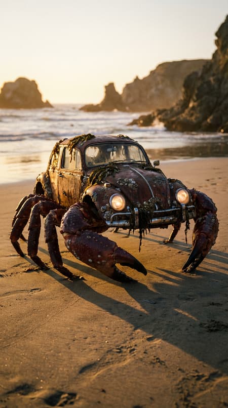 Photorealistic image of a rusty, barnacle-covered Volkswagen Beetle with seaweed draped over it, standing on massive, dark red crab legs and claws on a sandy beach. The crab-car hybrid faces slightly left, with its headlights glowing softly. The scene is bathed in the warm, golden light of a sunset or sunrise, casting long shadows. The ocean waves are visible in the blurred background. The atmosphere is surreal and slightly eerie, with rich textures of rust, barnacles, and sand. Shot with a wide-angle lens, detailed macro photography, cinematic lighting.