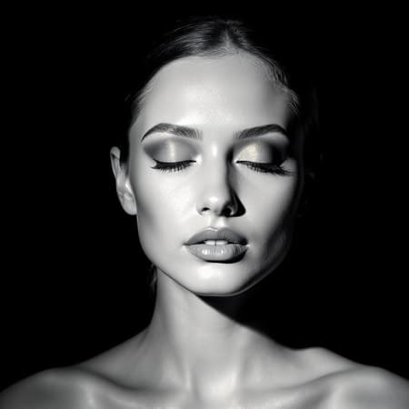 A minimalist black and white photo of a serene woman contrasted with sharp shadow, featuring light bronze and bronze tones, a calm expression, defined edges, and a touch of karencore style, emphasized by high definition contrast shading to enhance realism and beauty.