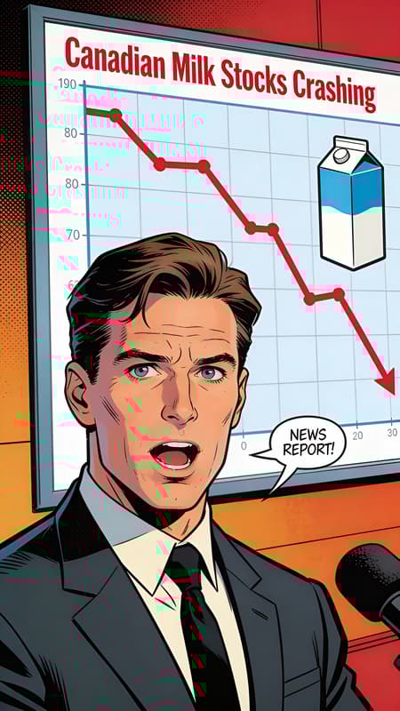 Serious Reporter Discussing Crashing Milk Stocks Comic style image, vertical resolution. A news reporter looking serious talking to the viewer. Behind him a chart showing Canadian milk stocks crashing.