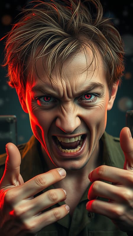 Technology, dark ambiance, furious expression, clear eyes, disheveled hair, angry demeanor, stunning yet chaotic, smooth skin, vibrant pink eyes, kaleidoscope of colors, absurdity, whimsical yet smiling, soldier-like poise, messy, caught off guard, flushed with embarrassment, extremely detailed, hyperrealistic, ultra-detailed, photographic quality, breathtaking surroundings, reminiscent of aged paintings, amidst a storm, unexpected angles, surreal elements like extra fingers, distorted hands, overlapping imagery, blurring techniques, duplicated features, unusual proportions, an entrancing mix of beauty and peculiarity, strikingly unconventional realism.