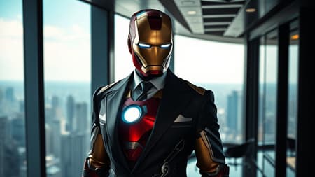 Ironman as a corporate tycoon, dressed in an elegant business suit, standing confidently in a sleek, modern office with a panoramic city view, the dramatic play of light and shadow highlighting his determined expression and the metallic sheen of his high-tech accessories, evoking a sense of power and innovation.