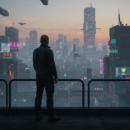 Generated Dystopian High Dystopian high detail raw color photo full shot standing on an overlook looking out at sprawling cyberpunk city skyline, perfect facial features, raytracing, specular lighting, shallow depth of field, cinematic film still, CGI, 3D, octane render, with a sense of dynamic tension, subtle atmospheric haze highlighting the futuristic architecture, emphasizing the lone figure's contemplative gaze, capturing a sense of isolation amidst the urban sprawl, smooth transitions in light and shadow, enhanced by intricate city textures, evoking a sense of awe and grandeur.