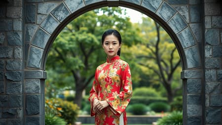 Amidst the serene setting of a weathered stone archway, a young woman stands as the central figure of this image. She wears a traditional Chinese dress, featuring an intricate floral pattern and graceful long sleeves. The vibrant hues of her attire stand out against the subdued tones of her surroundings. Her expression is thoughtful, adding a layer of intrigue to her persona. The archway embraces her perfectly, directing the viewer's gaze towards her. The stone structure introduces a rustic elegance to the scene, its gray shades harmonizing with the natural greenery providing the backdrop. Behind her, a lush garden stretches out, alive with thriving foliage and majestic trees. The garden’s deep greens contribute to a peaceful and soothing atmosphere, amplifying the scene's overall tranquility. The lighting is soft and gentle, casting subtle shadows and emphasizing the stone archway’s textures alongside the woman's dress. This warmth and welcome are further intensified by the delicate color grading that suffuses the scene with a calming pastel tint.