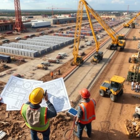 Capture detailed photographs showcasing the progress and bustling activity at the construction site of the dry port in Drogobich, emphasizing the modern infrastructure being built, heavy machinery in motion, and workers diligently collaborating to lay the groundwork. Include images of blueprints being reviewed onsite, aerial shots of the expanding logistics area, and close-ups of key architectural features being installed, highlighting the innovative design and logistical planning that will eventually drive regional economic growth. Capture detailed photographs showcasing the progress and bustling activity at the construction site of the dry port in Drogobich, emphasizing the modern infrastructure being built, heavy machinery in motion, and workers diligently collaborating to lay the groundwork. Include images of blueprints being reviewed onsite, aerial shots of the expanding logistics area, and close-ups of key architectural features being installed, highlighting the innovative design and logistical planning that will eventually drive regional economic growth.