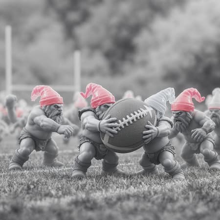 Dynamic Realistic Photograph Art Dynamic realistic photograph of a fantasy football field featuring orks and dwarfs, shot at 1000mm f/1.2 with highly detailed skin textures. The scene captures a full-body view with vivid details, showing the characters engaged in an intense match. The players hold a uniquely designed, oversized rugby ball with exaggerated features. Despite a playful nod to the imperfections of plastic miniatures, like fused fingers and awkward proportions, the vibrancy and energy of the scene overcome these elements. The monochrome setting uses pastel hues to highlight the action, creating a dreamy, soft-focus effect that contrasts with the gritty, lifelike details of the characters, while incorporating jelly bag caps as whimsical elements within the fantasy.