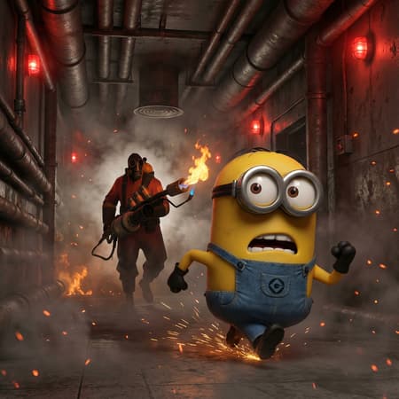A terrified Minion running from a Pyro from Team Fortress 2, who is wielding a flamethrower. The scene is set in a dark, industrial corridor with pipes and ventilation, filled with smoke and sparks from the flamethrower. The Minion is in the foreground, mid-stride, with a horrified expression. The Pyro is behind, looming menacingly, with the flamethrower igniting. Photorealistic digital art with cinematic lighting. Dominant colors are dark grays, blues, and oranges from the fire and emergency lights. The mood is intense and chaotic. Red emergency lights flash, casting dramatic highlights.