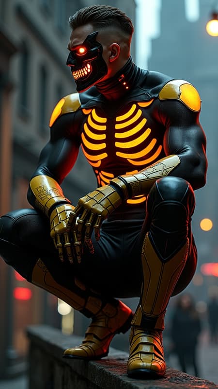 Super-hero, vigilante anti-hero, spooky. cinematic composition, urban noir atmosphere. Athletic Caucasian male, muscular husky build, 5'10", wearing a formfit spandex tactical stealth suit in matte black nano-fabric. Ornate yellow-gold skeleton graphic design overlay across limbs, anatomically accurate bone patterns with glow-in-the dark. Yellow-gold combat boots rising to knees with aggressive V-cutout, deep crimson titanium toe caps. Armored gauntlets in metallic yellow-gold reaching elbows, featuring crimson finger-tips with retractable diamond-tipped claws. Custom electroshock weapon system generating vivid red lightning effects, 32k resolution electricity details.

Chest armor features intimidating demon-face design: yellow-gold base with cut-out revealing matte black underlayer forming ribs, centered by menacing grin with sharp blood-red metal teeth. Upper chest includes glowing crimson LED eye shapes, shoulders sculpted into sharp horn-like points. Tactical neck guard in stealth black nanoweave, flowing into yellow-gold face mask with aggressive V-shape design. Mask features geometric black jaw section and prominent crimson V-shaped visor with internal illumination, creating threatening eyes effect. Modern  short fade hairstyle with dark brown top length styled sideswept. 

Dynamic pose showing figure perched on gothic architecture, photographed from dramatic low angle. Moody nighttime urban setting with neon accent lighting, volumetric fog effects. Ray-traced reflections on metallic elements, cinematic color grading emphasizing deep shadows and selective highlights. Photorealistic materials and textures, 8k resolution, octane render, ultra-detailed, studio lighting with practical effects.