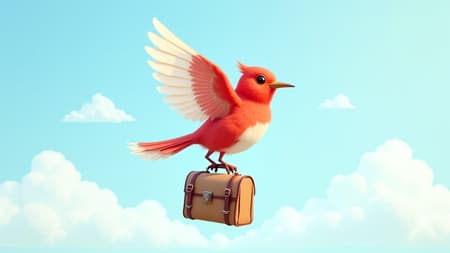 Logo for travel website featuring a vibrant red bird with elegant white wings gracefully holding a vintage travel bag, set against a serene blue sky with soft, fluffy white clouds; the design embodies the intricate artwork style of Beatrix Potter with a whimsical, cottagecore aesthetic; rendered in 8K with exceptional detail, capturing the scene from a gentle 45-degree angle for added depth and perspective.