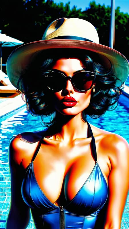 Supervillain, very powerful woman. Opulence, style, glamour. She has only one power, but it is EVERYTHING. She can curse anyone and MAKE IT STICK, and she's the only one that can disspell it. She is beautiful-- not that anyone really knows what she looks like. She ALWAYS has a pair of dark sunglasses on her face.  She keeps her hair combed back in a bun and a large fashionable wide-brimmed hat on her head. {{{She keeps her hair tucked up under her hat, hair not readily visible}}} She is curvy. She likes to hang out at the pool in her bathing suit. She is well tanned, just like those beautiful women in the Ban-De-Soleil commercials. If not there, then a fancy 5-star restaurant, 5-star hotel, penthouse parties, anywhere the really wealthy hang out. She is supposedly a middle aged woman, but no one knows  how old she really is, and you better not ask her. That for sure will get you cursed. She's the mystery lady in the dark sunglasses and really wide-brimmed  hat... {{{Wide-brimmed jat obscures hair, hair not visible}}} 