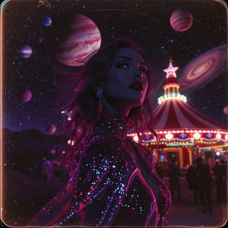 Retro-futuristic portrait of a woman at an intergalactic circus, hyperrealistic, rendered in octane, cinematic CGI photography, vintage tones with a retro color palette, ProPhoto RGB, surreal atmosphere, infused with the charm of a vintage photo captured on 35mm film, featuring neon reflections and whimsical cosmic elements.