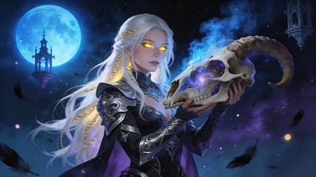 A beautiful female sorceress with long flowing white hair interwoven with gold strands, glowing golden eyes, and subtle freckles, wearing intricate dark fantasy armor with silver accents, holding a large, ancient animal skull with a cosmic nebula inside and emanating blue smoke. The background features a large, glowing blue moon, floating gothic architectural elements, and a dark, starry cosmic sky with scattered glowing particles and falling black feathers. Digital painting, fantasy art, dramatic lighting, ethereal, mysterious, vibrant blues and purples.