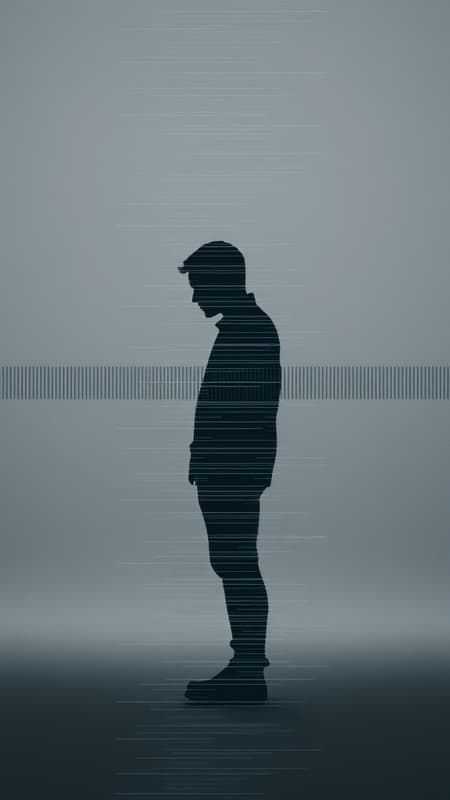 A vertical portrait of a solitary human silhouette in glitch art style, featuring linear distortion and horizontal scan lines, set against a subdued grey backdrop. The figure is horizontally stretched with patterns of digital interference and scan line disruption, enveloped in soft, diffused lighting. Embrace a corrupted data aesthetic, rich with noise texture and horizontal artifacts, enhancing the fragmented visual effect.