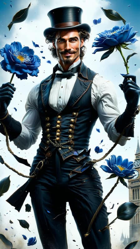 Victorian steampunk. A man is a creator of high-end toys and gadgets. His greatest creations are a time machine, and a life+sized marionette that becomes a real woman and then his wife. They travel the world and time together on all kinds of adventures. He is tall, handsome, masculine, slim but muscular, sinewy. Caucasian male of English descent. Short wavy dark brown hair, side parted and combed back. Strong brow and jaw, light brown eyes. Sideburns and handlebar mustache. He He wears a white shirt with the sleeves rolled up, and dark grey trousers with a black belt and black shoes. The first few buttons on his shirt are unbuttoned, he's always working on something. Always a smile on his face, happy with his wife and to be working steadily, usually a tool in his hands watching gears turning. His wife is a feminine Victorian woman with medium length curly dark brown hair and cornflower blue eyes. Lovely sweet pretty face, moderate make-up. She is usually in a frilly white dress with a bustle, white gloves and black shoes, a wide brimmed hat with flowers on top of the brim. She assist him with anything he needs, but she is no wallflower. She is smart, intelligent, and spirited for a woman of her time.


