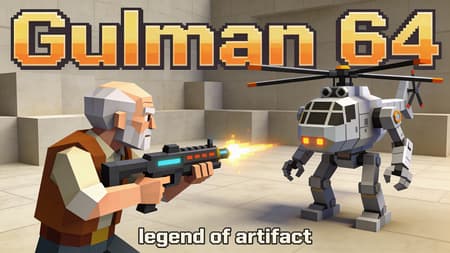 Low-poly Old Man Fighting Robot Helicopter Create a portrait image with the game's splash screen for the Nintendo 64 system. It will feature the old man from image 1, holding a plasma rifle and facing a boss helicopter. Rotate the man so he's facing his opponent. The boss helicopter is an anthropomorphic cyborg robot with a helicopter head and rotor blades. Like the main character, he's designed in the style of poorly rendered low-poly models from early 3D games. Add the game title "Gulman 64", and add the abbreviation "legend of artifact" below the main title in a smaller font.