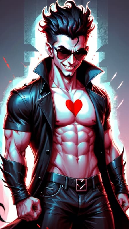 Super-hero. Sex symbol. DEMON?!!!  He used to be a bad guy, now he fights the good fight against evil! He's part of a super-hero team, and he brings the rage and the beat-down when neccessary--- but he's so cute while doing it, and all the girls just love him! 
Medium height but muscular, sinewy, well defined, lithe.  Masculine Caucasian male, handsome and cute. Hairless face other than soul-patch. Black curly hair in a tight faux-hawk, shaved on the sides and back, curly up top. Pointed ears. Sometimes during battle or an angry moment, a small pair of ivory white horns will pop out of his temples. His eyes glow red, but they're usually behind a pair of dark sunglasses. His fangs only show if he's angry or smiling-- he usually smiling and winking at some cute girl. He has retractable claws, they only pop out during battle. He prefers to wear muscle crop-top shirts to show off his abs, and really form-fitting pants to show off "other things". A pair of black leather combat boots on his feet. He wears a black trenchcoat with the sleeves cut off, open to reveal his outfit. He has a prehensile tail with a heart shaped tip, he usually keeps that hidden under the trenchcoat unless he's in battle or teasing some cute girl. He loves all the flirting and great PR he gets with his group. Full body pose, probably winking and smiling at some cute girl! 
{{{Prehensile tail with heart shaped tip}}} 