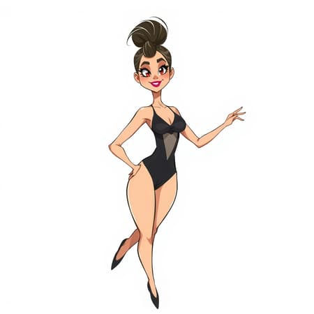 A dynamic illustration featuring a woman in a leotard against a plain white background, blending elements of Evalyn Noexist's style with Ashley Cipher's artistry. The scene is a fusion of sketch, 3D animation, and illustrative drawing, with playful cartoon influences. The character is stylized with bold, animated features, slightly exaggerated proportions, and vibrant makeup. The image balances realism with whimsy, presenting a unique and creative take on the central figure.