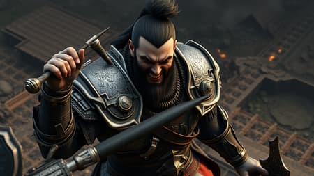 "Vicious male warrior, menacing grin, detailed armor, elaborate weaponry, dark color scheme, war-torn landscape backdrop, aggressive stance, intense expression, grand composition, dynamic shadows, trending on ArtStation, perfect for a wallpaper, 3D render in Octane, visual effects, cinematic lighting, isometric perspective, crafted in Blender, 8k resolution, cinematic style"