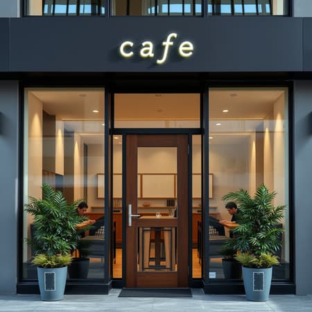 Envision a sleek and contemporary cafe facade featuring large floor-to-ceiling windows that allow natural light to flood the interior, framing the minimalist interior design within; a simple yet eye-catching sign with the cafe's name in sans-serif lettering sits above the entrance, where an elegant wooden door with a metallic handle offers a warm welcome; on either side of the door, curated greenery in minimalist pots add a touch of nature and vibrancy to the sophisticated ambiance.