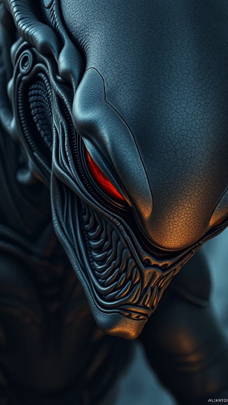 Alien artwork inspired by textured illustrations, featuring dark gray and bronze hues, with elements resembling an online sculpture. Styled in a mix of Naoto Hattori and Jeremy Lipking's work, incorporating dark sky-blue and orange tones. Intense close-ups with an aspect ratio of 9:16, high stylization, and subtle creative touches to enhance the core concept.