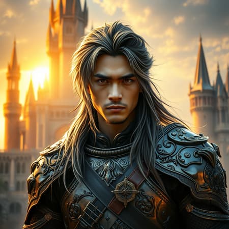medieval fantasy portrait of a ruggedly handsome asian warrior in intricately detailed armor, standing before a majestic fantasy castle bathed in the golden glow of morning light. his long hair, a striking mix of black and silver, cascades down his shoulders, framing a face with a hint of dangerous allure. his eyes, electrifying and intense, seem to crackle with energy, conveying a sense of enigmatic madness.