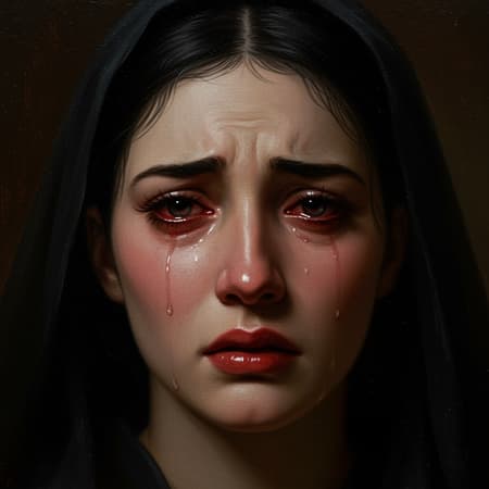A realistic epic oil painting depicting a woman with a deeply sad expression, crying with red and swollen eyes, furrowed eyebrows, and a red nose. Her black hair frames her beautiful, detailed eyes and ears. Her wet cheek and half-open mouth convey an overwhelming sense of sorrow. She is adorned with a veil, and the painting captures dramatic gothic lighting, reminiscent of a scene set within an old gothic cathedral. The dim lighting adds to the painting's gloomy atmosphere. This piece, inspired by the style of French painter Alexandre Cabanel, avoids elements such as neon colors, cartoon-like features, low resolution, or exaggerated anatomy, focusing instead on emotional depth and realistic portrayal.