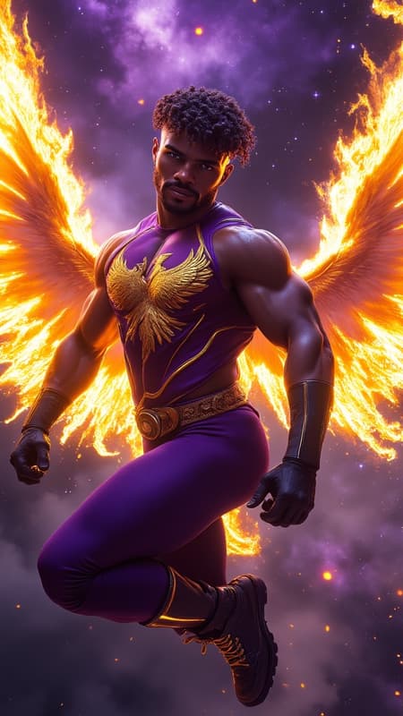 Ethereal cosmic superhero, majestic African-American male figure, 8k ultra-detailed portrait, muscular athletic build. Dynamic fade hairstyle with obsidian waves, undercut sides, short in back and sides, curly front locks draping dramatically over one eye while defying gravity with ethereal flame effects, golden-orange fire wisps emanating from hair. Mesmerizing pale violet-amethyst eyes with luminous stellar glow, dramatic kohl eyeliner emphasizing smooth cheekbones and sculpted features, soul patch beneath full glossy lips, precise thin handlebar mustache. Snug fitting long-sleeved dark violet/eggplan-colored jumpsuit with metallic chrome yellow-gold piping creating dramatic light trails, cyberpunk aesthetics, loose dramatic folds. Prominent metallic gold phoenix emblem on chest, wings spread majestically, intricate detail work. Black leather fingerless gloves with reinforced knuckles, wide black leather belt with polished gold grommets. Pleated tapered pants with neo-Tokyo streetwear influence, distressed black suede boots with decorative gold-grommet straps. Dynamic flying pose with arms extended, massive flaming incandescent golden phoenix wings emerging from arms, trailing cosmic fire. Backlit by nebulae and spiral galaxies, dramatic rim lighting, volumetric space dust, lens flares from distant stars. Cinematic composition, dramatic angle, octane render, hyperrealistic detail, ethereal atmospheric lighting, cosmic energy effects.