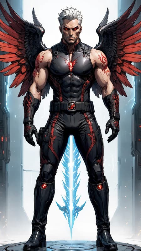 Sci-Fi, futuristic dysopia. Death Angel, futuristic assassin with futuristic tech.  Hypermasculine male. Very tall (6 ft 8), muscular, strong, sinewy, Olympic build, weightlifter. Broad chest, narrow waist, strong powerful legs. Pale, chalk-white skin, no color. Short white hair in a spiky fade, hair on top stands up. Handsome but very pale. Strong brow and jaw, thick white eyebrows, glowing red eyes. Intense gaze, threatening. White soul patch on face. Form fitting full black uniform with crimson red patterns on the chest, arms and legs. Uniform is shiny black material, full body coverage. Belt is futuristic tech with glowing red light in the center/buckle. Black gloves, black knee-high  boots with crimson red designs. Angel wings, predominantly black with dark red highlight feathers. Wings and feathers are metallic black and red. Full body pose, flying through lightning. 