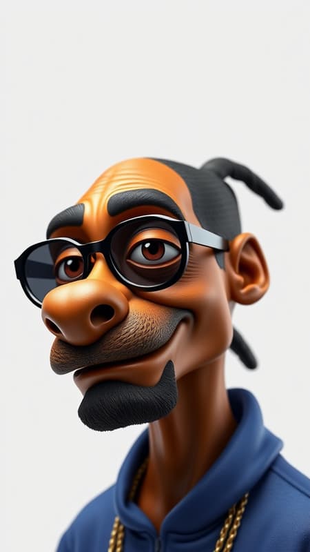 Snoop Dogg depicted in a Pixar-inspired 3D render on a white background, showcasing a glazed, high-resolution finish. His textured skin and detailed eyes are reminiscent of a Disney character, with the addition of a playful charisma captured in an 8k resolution. The artistic style is slightly modified, adding a vibrant color palette and a dynamic pose, enhancing the captivating essence of a Hasdx-inspired masterpiece.