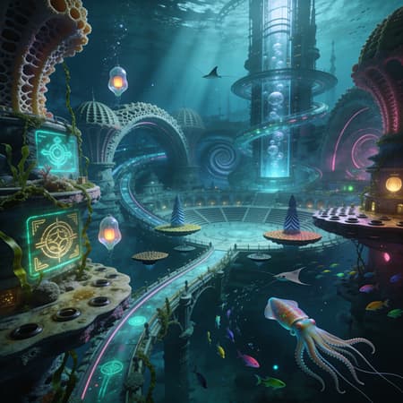 Cinematic sci fi concept art of an alien squid civilization city on a vast waterworld, set in the deep twilight zone under the surface, a monumental three dimensional reef metropolis of porous ribbed domes and vaulted arches grown from coral like mineral lattice and tough kelp fibers, towering sponge cathedral structures with flowing buttresses, spiral pressure tunnels and current lanes weaving between buildings, bioluminescent glyph reefs pulsing as signage, drifting ink lanterns in translucent sacs, bubble elevator columns rising through vertical shafts, engineered vortex rings and finned pylons shaping smooth current highways, a grand amphitheater plaza with hovering ledges and suction textured platforms, schools of colorful fish and rays circling, intelligent squids gliding through the scene with subtle chromatic skin patterns and trailing tentacles, faint particulate sparkle in the water, soft caustic light beams from far above, deep teal and indigo palette with neon biolum accents in cyan magenta and gold, atmospheric haze and depth falloff, ultra detailed organic architecture, majestic otherworldly mood, wide angle 24mm look, high resolution masterpiece.